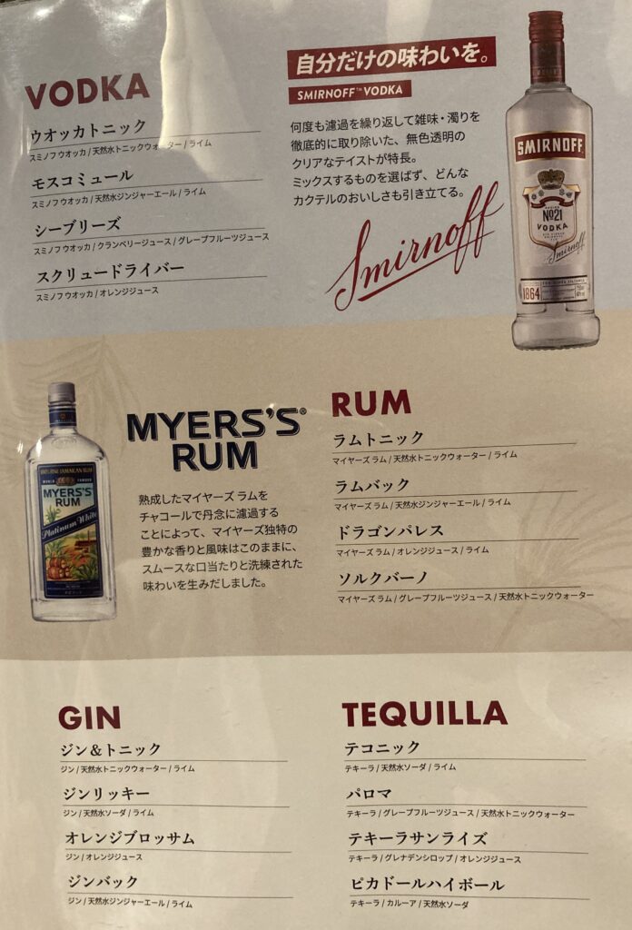 ウォッカ、ラム、ジン、テキーラ類